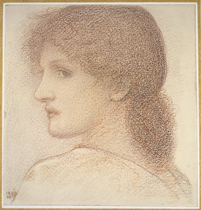 Tutkimus naisen päästä, käännetty vasemmalle, 1868 (punainen liitu paperille) tekijältä Edward Burne Jones