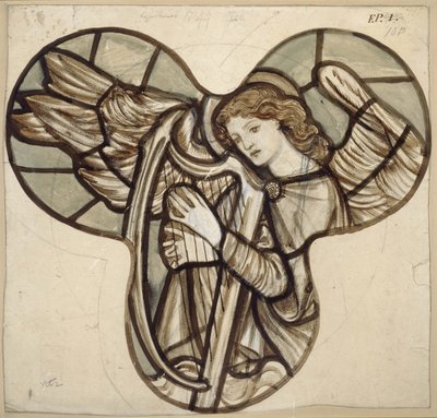 Suunnittelu lasimaalauksille Lyndhurst Churchissa: An Angel Harpist, 1862 (ruskea ja sininen pesu grafiitin päälle) tekijältä Edward Burne Jones