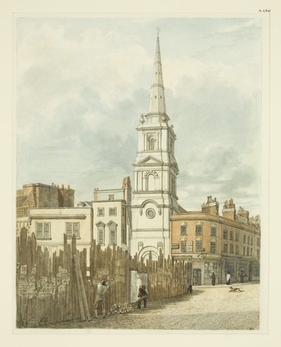 Christ Church from Exchange, jossa paikka raivattu uuden valtuuston rakennuksesta (kynä ja akvarelli paperille) tekijältä Edward Cashin