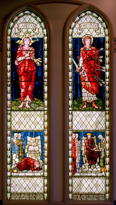 Charity and Fortitude (David Lamenting ja David Consoled), n. 1896 (lasimaalaus) tekijältä Edward Burne Jones