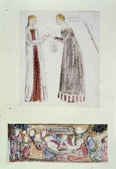 Nro 1084-f.10 (TtoB) Two Maids, kopio Giovanni da Milanon teoksesta Marian syntymä Firenzen Rinuccini-kappelista; Valituslaulu (akvarelli, kynä) tekijältä Edward Coley Burne Jones