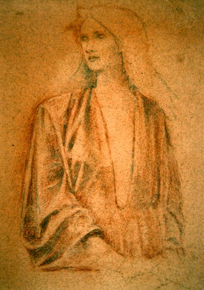 Tytön muotokuva - Study for Arthur in Avalon, n.1890 (liitu ja lyijykynä punaiselle paperille). tekijältä Edward Coley Burne Jones