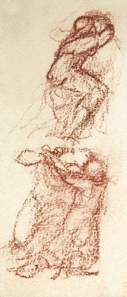 Valmisteleva luonnos rakkaudelle raunioiden keskuudessa (punainen liitu ja kynä paperille) tekijältä Edward Coley Burne Jones