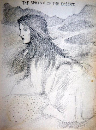 Aavikon sfinksi (kynä paperille) tekijältä Edward Coley Burne Jones