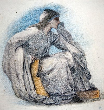 Tutkimus viittaisesta istuvasta hahmosta, n. 1866 (lyijykynä ja värillisiä liituja paperilla) tekijältä Edward Coley Burne Jones