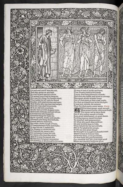 "Geoffrey Chaucerin teoksia on nyt juuri painettu Sir Edward Burne-Jonesin suunnittelemilla kuvilla" tekijältä Edward Coley Burne Jones