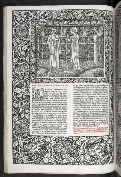 "Geoffrey Chaucerin teoksia on nyt juuri painettu Sir Edward Burne-Jonesin suunnittelemilla kuvilla" tekijältä Edward Coley Burne Jones