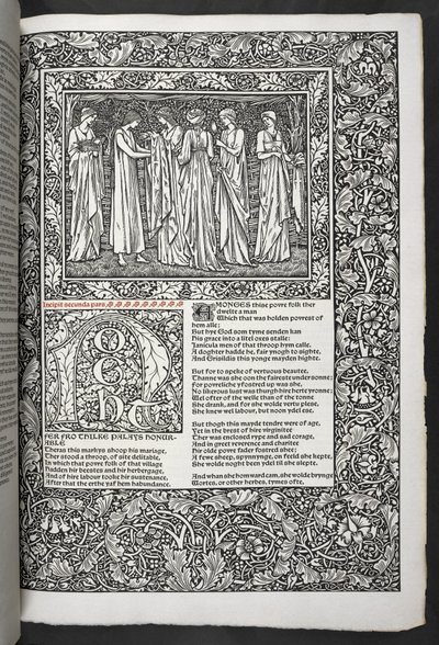 "Geoffrey Chaucerin teoksia on nyt juuri painettu Sir Edward Burne-Jonesin suunnittelemilla kuvilla" tekijältä Edward Coley Burne Jones