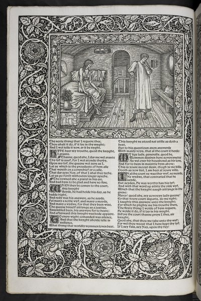 "Geoffrey Chaucerin teoksia on nyt juuri painettu Sir Edward Burne-Jonesin suunnittelemilla kuvilla" tekijältä Edward Coley Burne Jones
