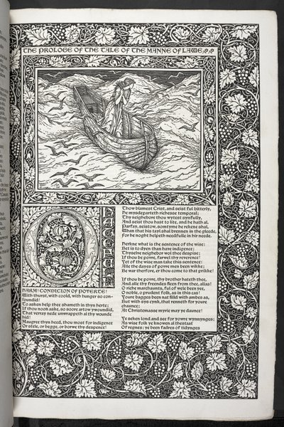 "Geoffrey Chaucerin teoksia on nyt juuri painettu Sir Edward Burne-Jonesin suunnittelemilla kuvilla" tekijältä Edward Coley Burne Jones