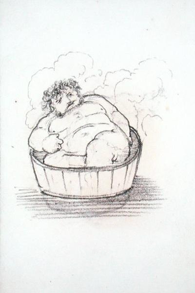 William Morris (1834-96) kylpyammeessa, piirustusalbumista (kynä paperille) tekijältä Edward Coley Burne Jones