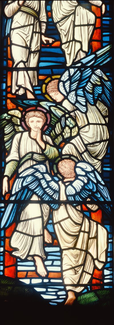 Enkelit kiipeävät ja laskeutuvat, Jacobsin tikkaiden yksityiskohta, lasimaalaukset yksityiskohta 120160 tekijältä Edward Burne Jones