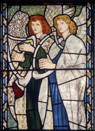 Harppua soittavat enkelit, 1866 (lasimaalauksia) tekijältä Edward Burne Jones
