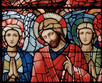 Kristus majesteetissa, suojelusenkelit, serafit, arkkienkelit, yksityiskohta taivaaseenastumisikkunasta, 1885 (lasimaalauksia). tekijältä Edward Burne Jones