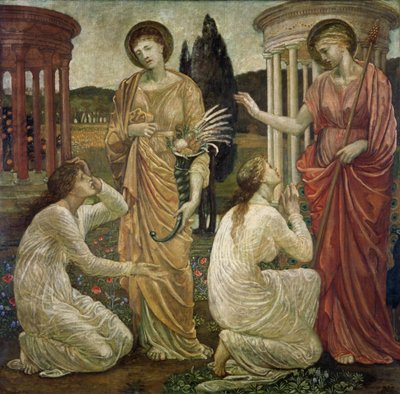 Cupid and Psyche - Palatsin vihreät seinämaalaukset - Psyche Junon ja Ceresin pyhäköissä, 1881 tekijältä Edward Burne Jones