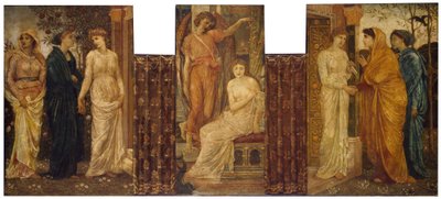 Cupid ja Psyche - Palatsin vihreät seinämaalaukset - Psychen sisaret vierailevat hänen luonaan Cupidin talossa, 1881 tekijältä Edward Burne Jones