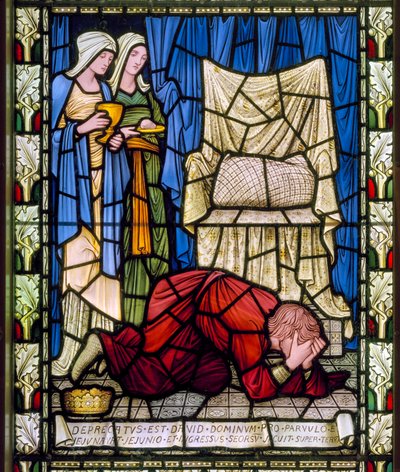 Kuningas Daavid itkee ja rukoilee sairaan lapsensa hengen puolesta ja hyväksyy sitten lapsen kuoleman, noin 1896 (lasimaalauksia). tekijältä Edward Burne Jones