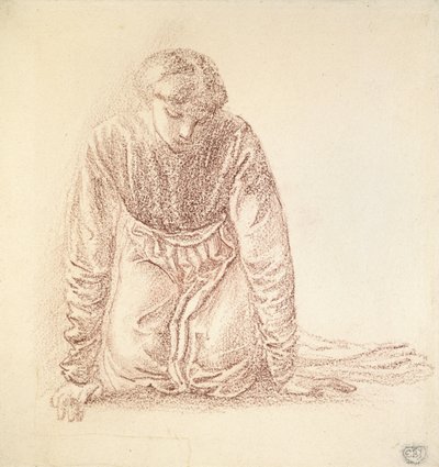 Polvistuva naisehahmo (tummanpunainen liitu valkoisella paperilla) tekijältä Edward Burne Jones