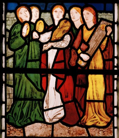 Neitomuusikot, Salomon laulusta, 1862 (lasimaalauksia) tekijältä Edward Burne Jones