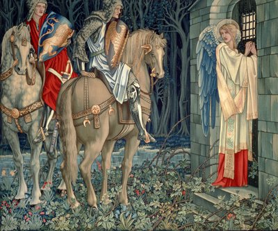 Pyhän Graalin kuvakudokset - paneeli 3 - Sir Gawainen epäonnistuminen; Sir Gawaine ja Sir Uwaine rauniokappelissa, 1895-1896 tekijältä Edward Burne Jones