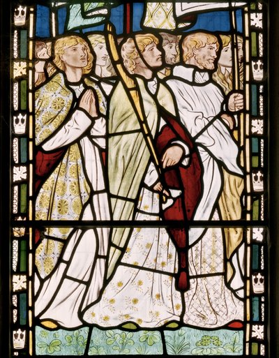 Pyhimykset lippuineen, 1865 (lasimaalauksia) tekijältä Edward Burne Jones