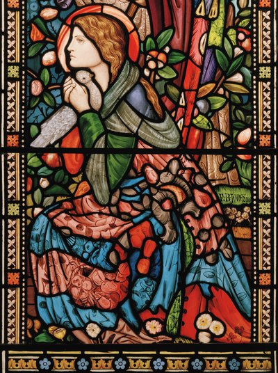 Marian ilmestys, noin 1860 (lasimaalauksia) tekijältä Edward Burne Jones