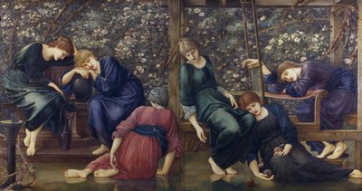 The Garden Court, Briar Rose -sarjasta, n. 1894 (öljy kankaalle) tekijältä Edward Burne Jones