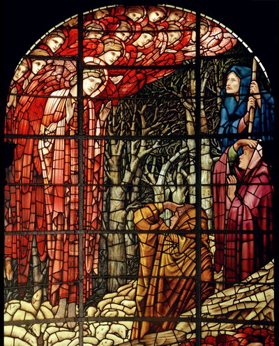 Syntymä-ikkuna, yksityiskohta, Paimenet, 1888 (lasimaalauksia) tekijältä Edward Burne Jones