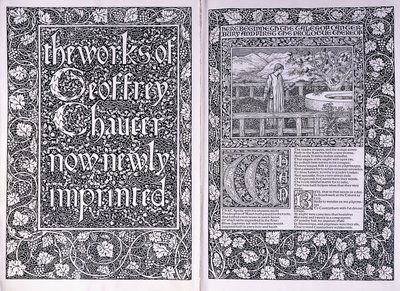 Nimisivu ja avaussivu Kelmscott Press -julkaisusta "The Works of Geoffrey Chaucer", 1896 tekijältä Edward Burne Jones