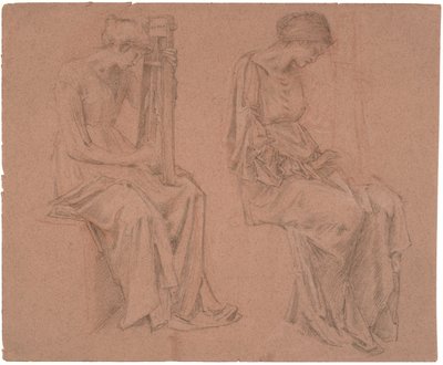 Kaksi tutkimusta istuvasta tytöstä, joka soittaa kantelua tekijältä Edward Coley Burne Jones