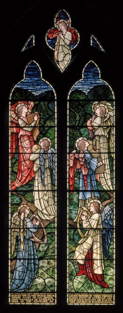 Wilden, All Saints, Morris & Co., Edward Burne-Jones, John Henry Dearle (1859-1932), Paratiisin enkelit, Enkelimuusikot, 1902-1914, Louisa, Alfred, Baldwinit, pääministeri, metodisti, Worcesterit tekijältä Edward Coley and Dearle Burne Jones