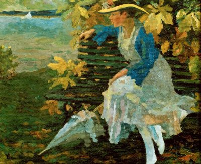 Nainen puistonpenkillä järven rannalla tekijältä Edward Cucuel