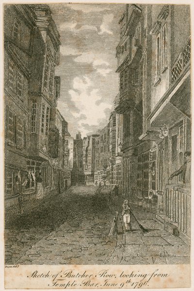 Piirros Butcher Rowsta katsottuna Temple Barista, 9. kesäkuuta 1796 tekijältä Edward Dayes