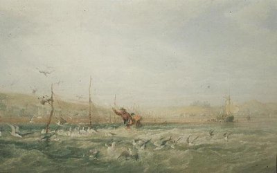 Kalastajat jahtaavat lokkeja verkoista, Mumbles, Etelä-Wales tekijältä Edward Duncan