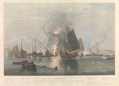 Rautahöyrylaiva Nemesis, sotalaivat Ansoninlahdella 7. tammikuuta 1841 tekijältä Edward Duncan