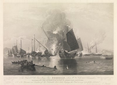 The Hon. E.I. Co. Iron Steam Ship Nemesis, ... with boats of Sulphur, Calliope, Larne and Starling, destroying the Chinese War Junks, in Anson