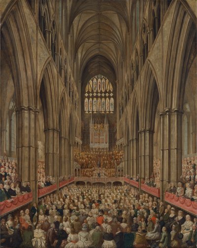 Sisäkuva Westminster Abbeysta Händelin muistopäivänä, kuvattu johtajan aitiopaikalta. tekijältä Edward Edwards