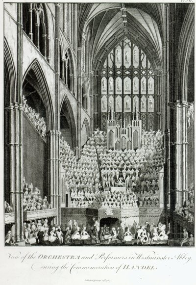 Näkymä orkesterista ja esiintyjistä Westminster Abbeyssa Händelin muistojuhlan aikana, Charles Burney, 1785 tekijältä Edward Francis Burney
