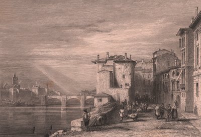 Näkymä Veronasta Adige-joen varrella, Veneto, Italia, Edward Francis Findenin (1791-1857) teräskaiverrus Augustus Wall Calcottin (1779-1844) piirroksen mukaan, n. 12x10 cm. tekijältä Edward Francis Finden