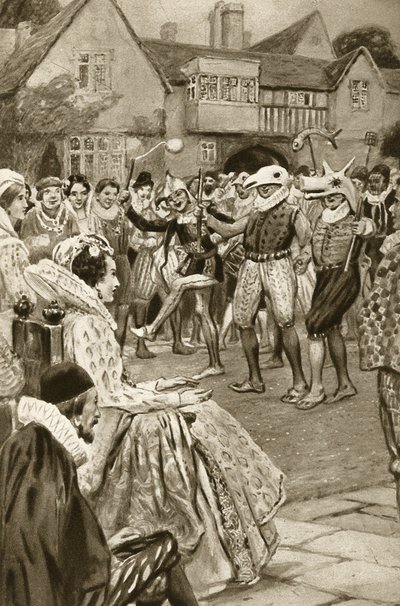 Kuningatar Elisabet I narrien viihdyttämänä (litografia) tekijältä Edward Frederick Skinner