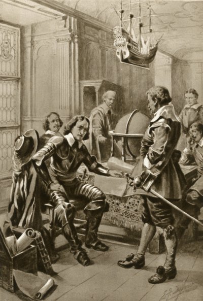 Robert Blake puhuu Oliver Cromwellin kanssa Whitehallin neuvostosalissa (litografia). tekijältä Edward Frederick Skinner