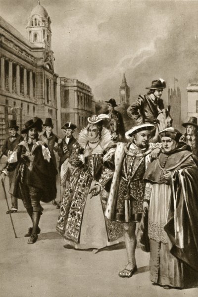 Lontoon kadut: Kuningas Kaarle I, kuningatar Elisabet I, kuningas Henrik VIII, kardinaali Wolsey (litografia). tekijältä Edward Frederick Skinner