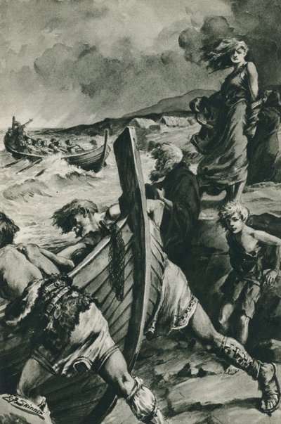 Viikingit, jotka purjehtivat Norjan vuonoista ja löysivät Amerikan kauan ennen Kolumbusta (litografia). tekijältä Edward Frederick Skinner