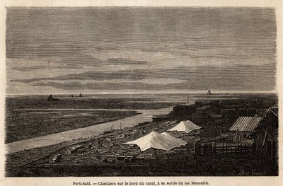 Port Saidin telakat Suezin kanavan reunalla, sen uloskäynnin kohdalla Menzaleh-järvestä. Grenet on piirtänyt Paul Merruaun vuonna 1862 tekemän retken Suezin kanavalle. Kaiverrus kirjassa "" Le tour du monde", toimittanut Edouard Charton tekijältä Edward Grenet