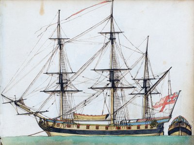 Englantilainen 20-tykkinen laiva, jossa takilointi ja laivavene sekä erillinen näkymä perästä, noin 1780 (akvarelli, tussi ja muste ) tekijältä Edward Gwyn