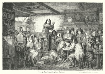 George Fox saarnaa tavernassa (kaiverrus) tekijältä Edward Henry (after) Wehnert