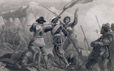 The Pequod War, 1636, julkaisusta "The History of the United States", osa. Minä, Charles Mackay, kaiverrus James Charles Armytage (n. 1820-97) tekijältä Edward Henry Corbould