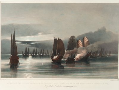 HMS Columbinen hyökkäys Chuiapoon merirosvolaivueen kimppuun Tysamin edustalla Kiinassa 28. syyskuuta 1849 vastaisena yönä, J. C. Dalrymple Hay, Esqr, Commr, n. 1849 (vedos, litografia, värillinen). tekijältä Edward Hodges Cree