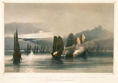 Hyökkäys Chuiapoon merirosvolaivueeseen Tysamin edustalla Kiinassa 28. syyskuuta 1849, 1800-luvun puoliväli (litografia). tekijältä Edward Hodges Cree