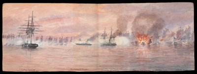 Private Illustrated Journal of Dr E H Cree, Volume XII 1849, taitto vastapäätä sivuja 73-74, "Hyökkäys Shap-ng-tsain merirosvolaivastoa vastaan Tonquin-joella" 21. lokakuuta 1849 CRJ12 (maalaus). tekijältä Edward Hodges Cree